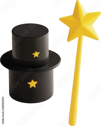 Black Top Hat and Yellow Star Wand isolated with