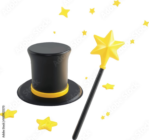 Black Top Hat with Yellow Band and Magic Wand Keywords: magic, magician, wizard, hat, top hat