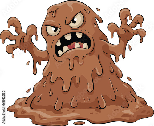 Cartoon angry mud monster creature with dripping goo, scary teeth, spooky background, full moon, Halloween concept, horror illustration art