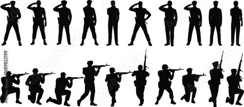 Silhouette illustration of military soldiers in uniform saluting, standing in formation, black and white vector art for patriotic design