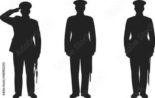 Silhouette of military officers standing in uniform, salute pose, honor and duty concept, vector illustration, leadership, patriotism, respect