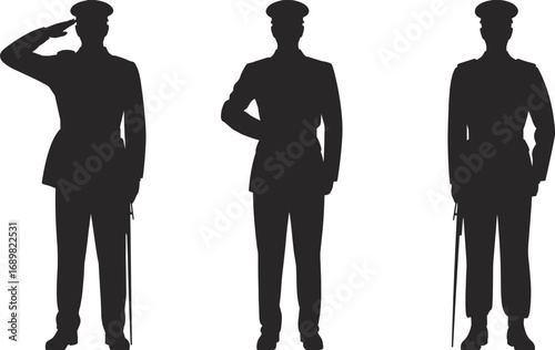 Silhouette of military officers standing in uniform, salute pose, honor and duty concept, vector illustration, leadership, patriotism, respect