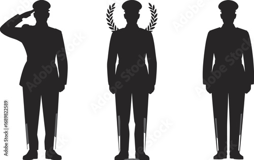 Silhouette of military officers standing in uniform, salute pose, honor and duty concept, vector illustration, leadership, patriotism, respect