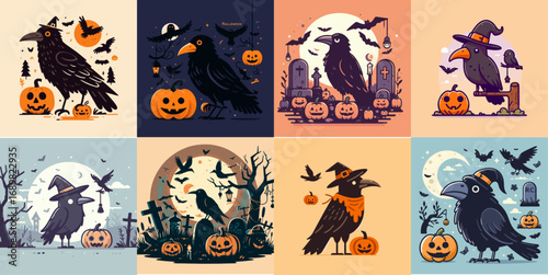 vector illustration set of halloween crows