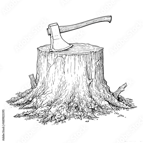 Axe stuck in a tree stump, hand drawn sketch