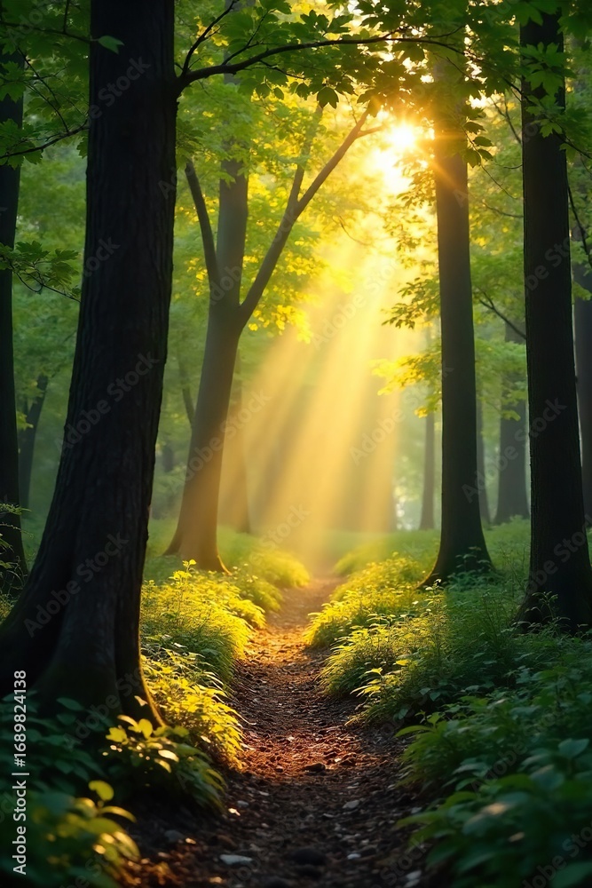 Naklejka premium Golden sunlight streams through leaves, illuminating a forest floor dappled with light and shadow Perfect for nature, serenity, and spring themes , woodland, foliage, forest