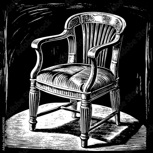 Elegant antique armchair with classic design sits spotlighted, evoking timeless sophistication and vintage charm for refined interiors or historical storytelling.