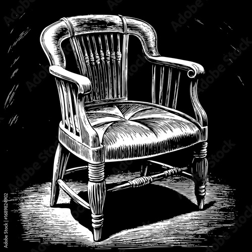 Elegant antique armchair rendered in striking linework art, evoking classic interior design and timeless sophistication for historical or vintage themes.