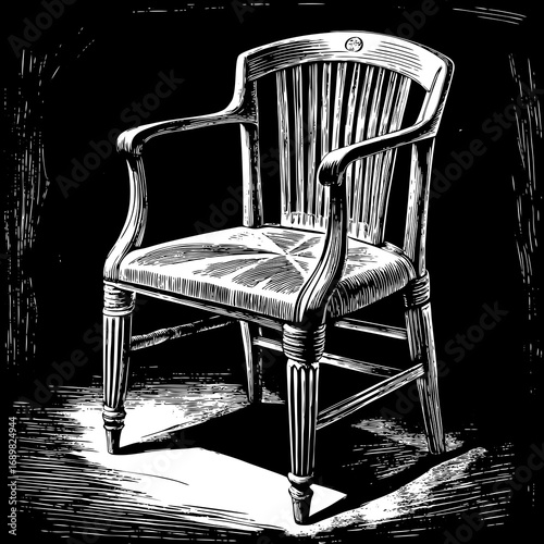 Elegant antique armchair with classic spindle back and carved wooden legs, artfully rendered with dramatic lighting and a timeless aesthetic, perfect for vintage decor or sophisticated design projects