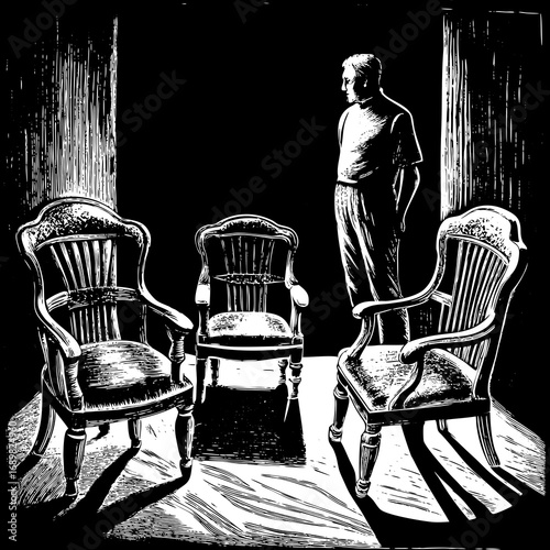 Man stands contemplating empty chairs in dramatic chiaroscuro lighting, evoking introspection, decision-making, or waiting.