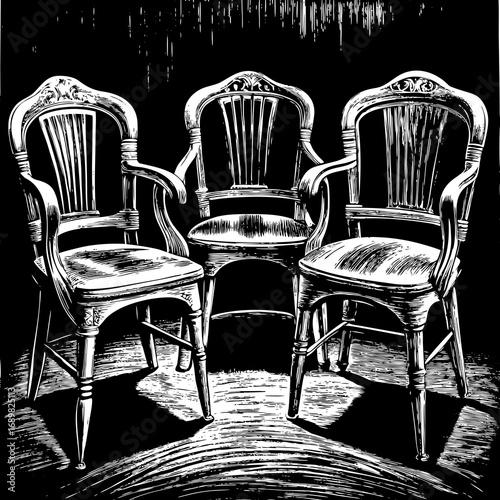 Elegant antique armchairs arranged in a dramatic high-contrast scene evoking vintage style and sophisticated interior design inspiration