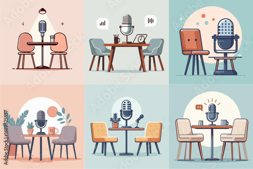 vector illustration of table chair microphone podcast set