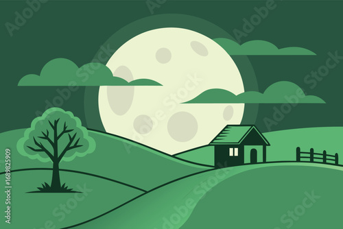 A solitary cabin sits serenely on rolling green hills beneath a luminous full moon