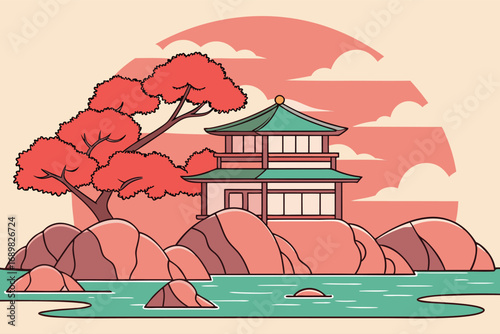 Japanese architecture sits proudly above rocks by water, graced with vibrant autumn foliage