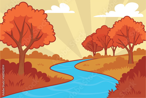 A scenic river flows through an autumn landscape with vibrant orange trees