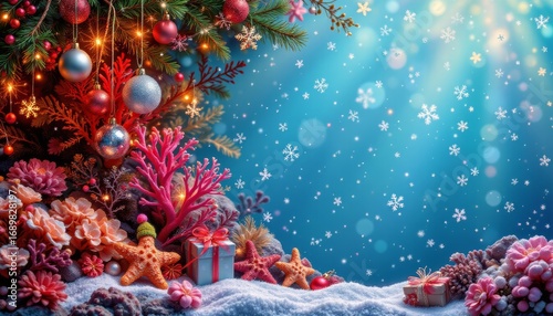 Underwater Christmas Scene with Coral and Decorations