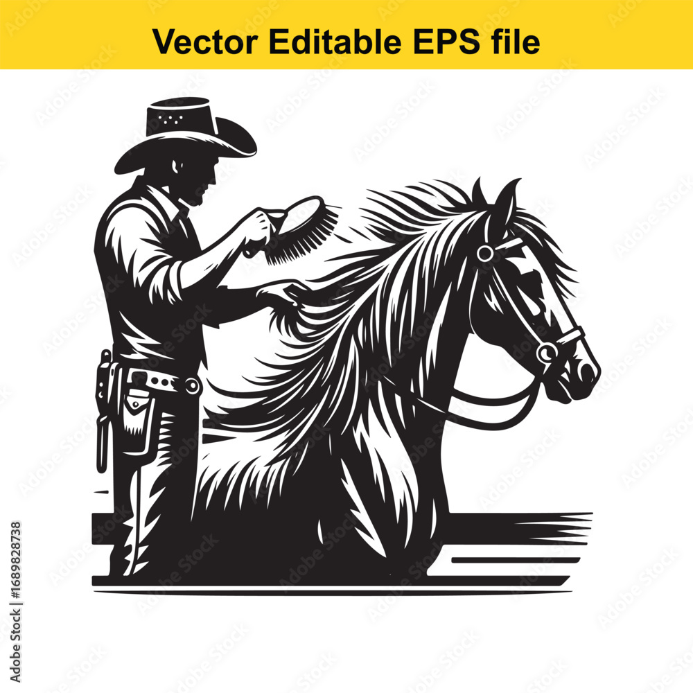 Fototapeta premium Cowboy brushing horse mane isolated on white background