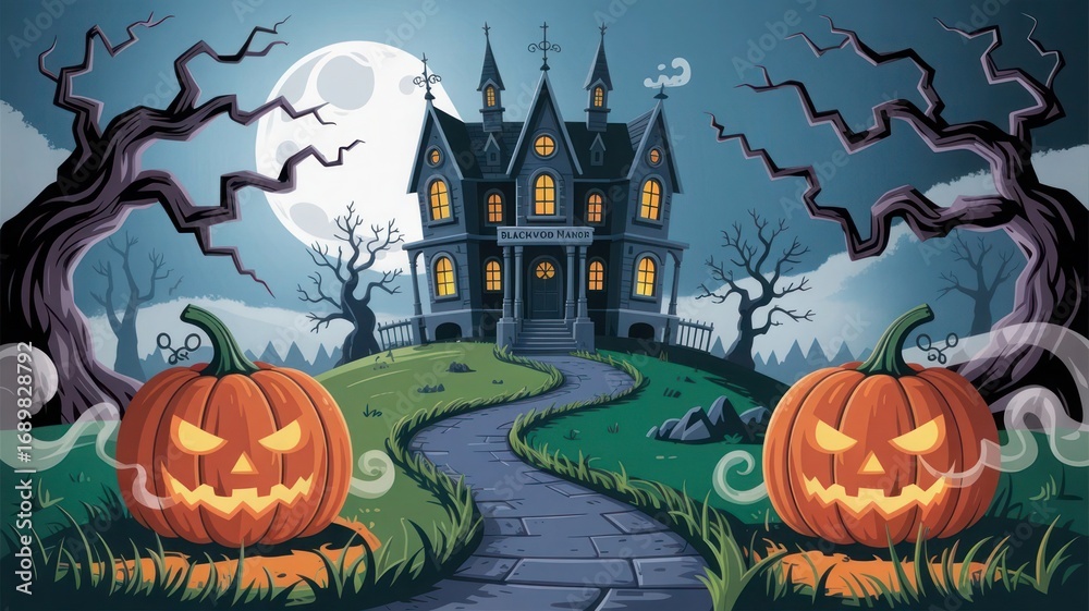 Fototapeta premium Spooky halloween night with jack o lanterns and bats under a full moon. Holiday event halloween banner background concept 