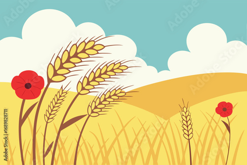 Red poppies and golden wheat create a rural landscape under a calming blue sky