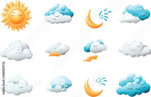 Cartoon Weather Icons With Sun Moon And Clouds forecast