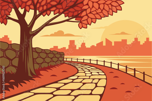 Autumn tree casts a shadow over a stone path along the water with city skyline