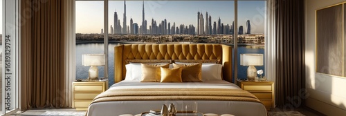Luxury master bedroom with a velvet headboard, 