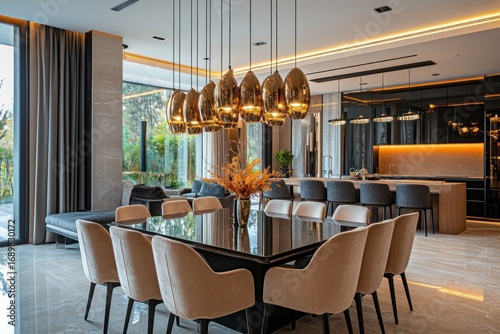 Luxury modern dining area with stylish pendant lighting