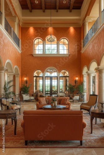 Mediterranean-style villa interior with warm terracotta 