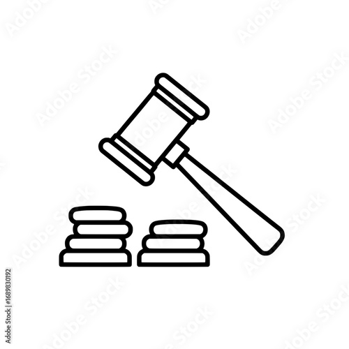 Auction gavel with stacks of coins simple line art icon representing legal bidding and finance