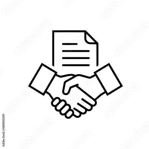 Business Agreement Handshake and Contract Document Line Icon Representing Partnership and Successful Deal Negotiation
