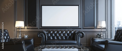 Luxury office suite with black leather furniture, glass decor, and a blank frame.