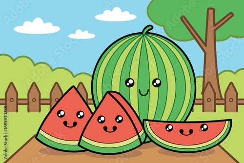 Cartoon watermelon and slices with smiling faces enjoy a cute picnic in summer