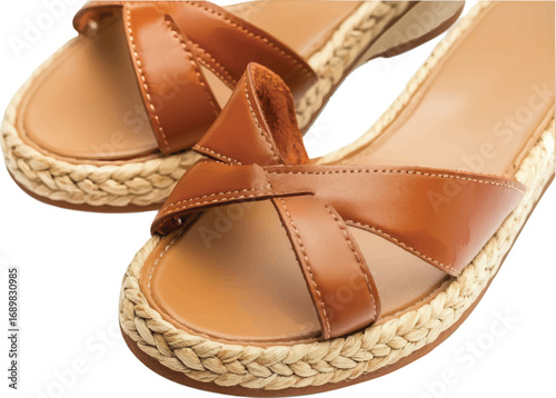 Brown Leather Sandals with Woven Espadrille Soles Keywords: sandals, shoes, footwear, brown