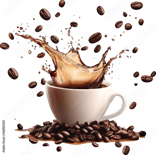 Coffee splash from white cup with falling beans vector