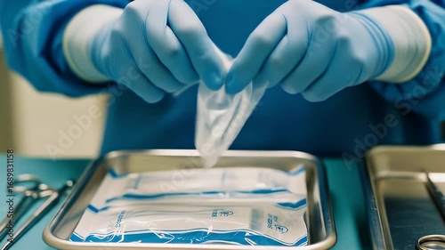 Person Preparing Medical Equipment for Surgical Procedure