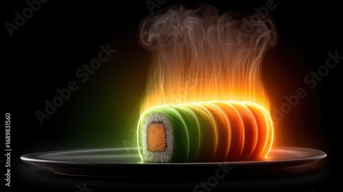 Fiery sushi roll presentation restaurant kitchen food photography dark environment close-up view culinary art
