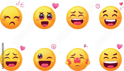 Collection Of Expressive Yellow Emoticons With Pink Accents Keywords: emoji, emoticon