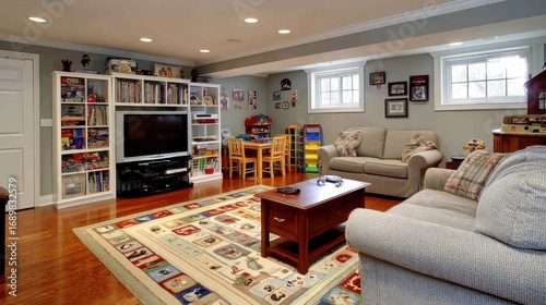 Cozy family gathering space modern basement living room inviting atmosphere interior view relaxation and entertainment