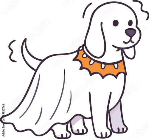 Cute dog in ghost costume for halloween celebration fun