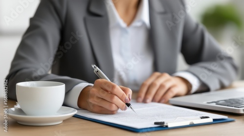 Business meeting action office location document preparation content professional environment close-up viewpoint focused concept