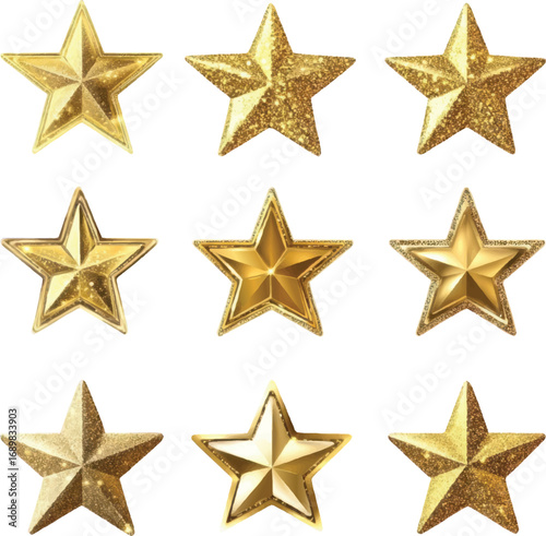Nine golden sparkling stars with different textures