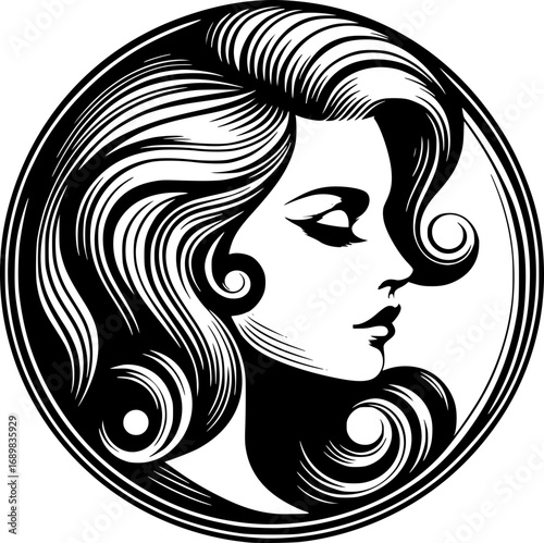 Minimalist black and white vector icon of a vintage woman’s side face, clean lines, scalable, modern yet classic, perfect for logos or stickers.