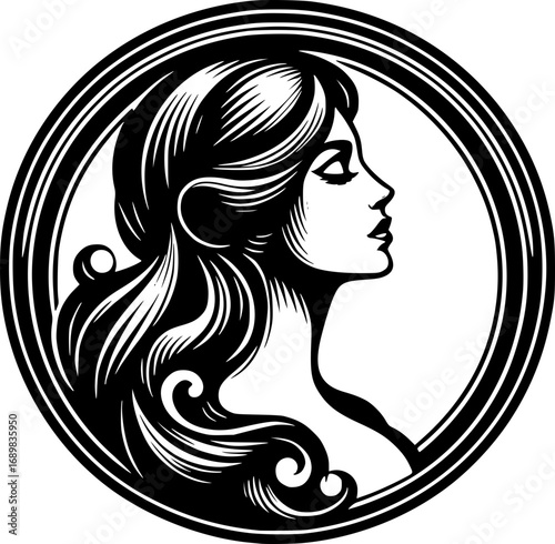 Minimalist black and white vector icon of a vintage woman’s side face, clean lines, scalable, modern yet classic, perfect for logos or stickers.