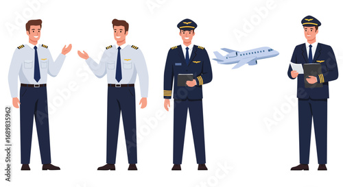 Four male pilots in uniform, various poses, one holding documents, another gesturing, with a private jet.