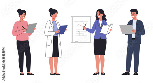A team of diverse professionals, including a doctor, participating in a business meeting and presentation with a chart.
