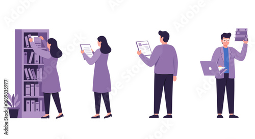 A set of four vector illustrations showing people working, studying, and researching with books, tablets, and laptops.