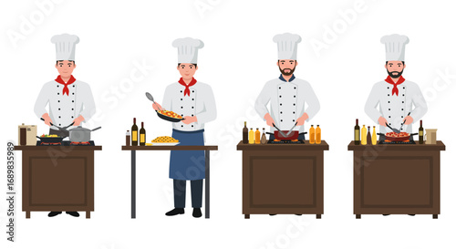 A set of four professional male chefs in uniform, each cooking at a kitchen station with pots and pans.
