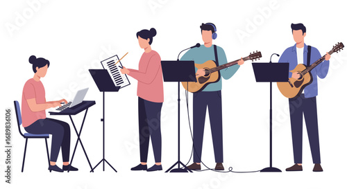 A diverse group of four individuals actively engaged in a musical rehearsal, with one playing a keyboard, another holding sheet music, and two playing acoustic guitars.