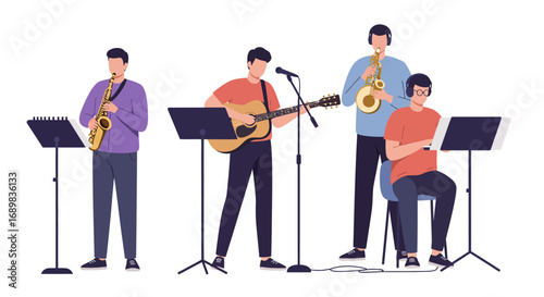 Four musicians playing instruments: saxophone, guitar, trumpet, and keyboard, with music stands in front of them, against a white background.
