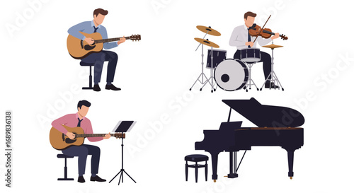 Illustration showing four musicians playing different instruments: guitar, violin with drums, guitar with sheet music, and piano.